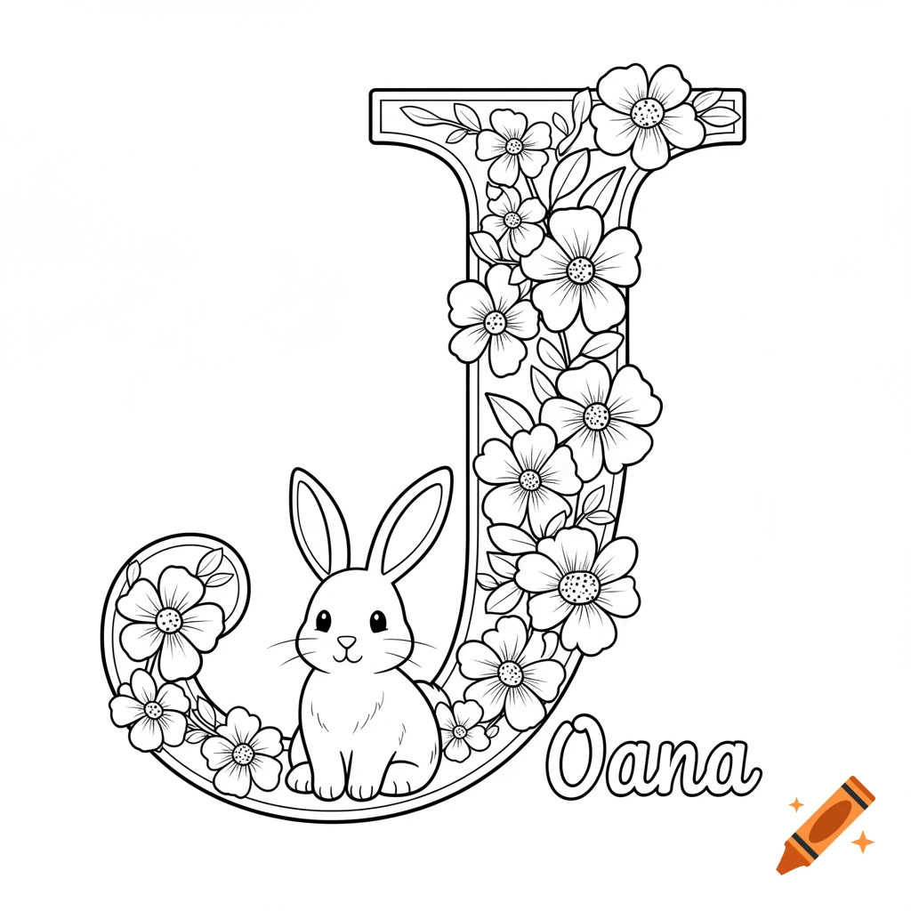 A coloring book illustration of a floral letter J with a cute bunny, and the name Oana.