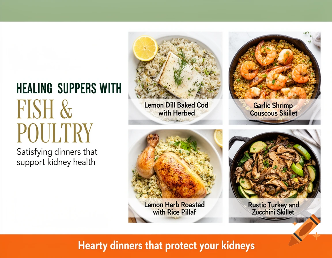 An infographic showing four healthy recipes: Lemon Dill Baked Cod, Garlic Shrimp Couscous Skillet, Lemon Herb Roasted Chicken, and Rustic Turkey and Zucchini Skillet. Text promotes kidney health.