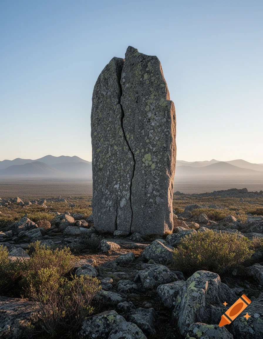 A large, split rock stands prominently in a rocky, barren landscape with distant mountains under a clear sky, photorealistic.
