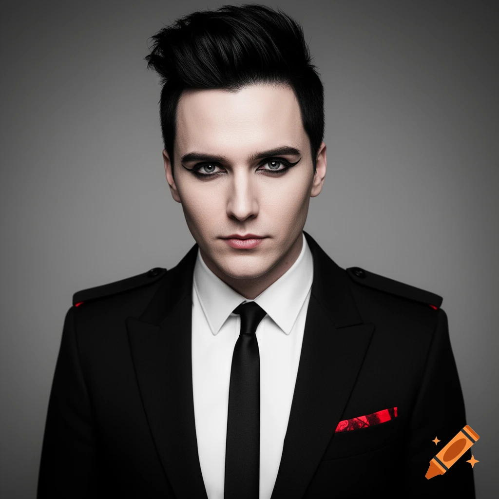 Photorealistic portrait of a person with dark hair and dramatic black eye makeup, wearing a black suit, white shirt, black tie, and a red pocket square against a grey background.