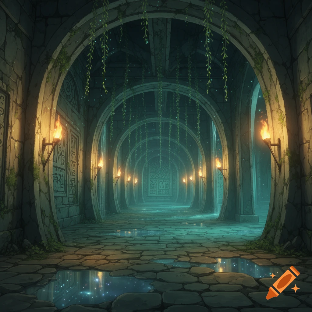 An anime style fantasy dungeon with stone arches, torches, hanging vines, and glowing puddles on a cobblestone floor.