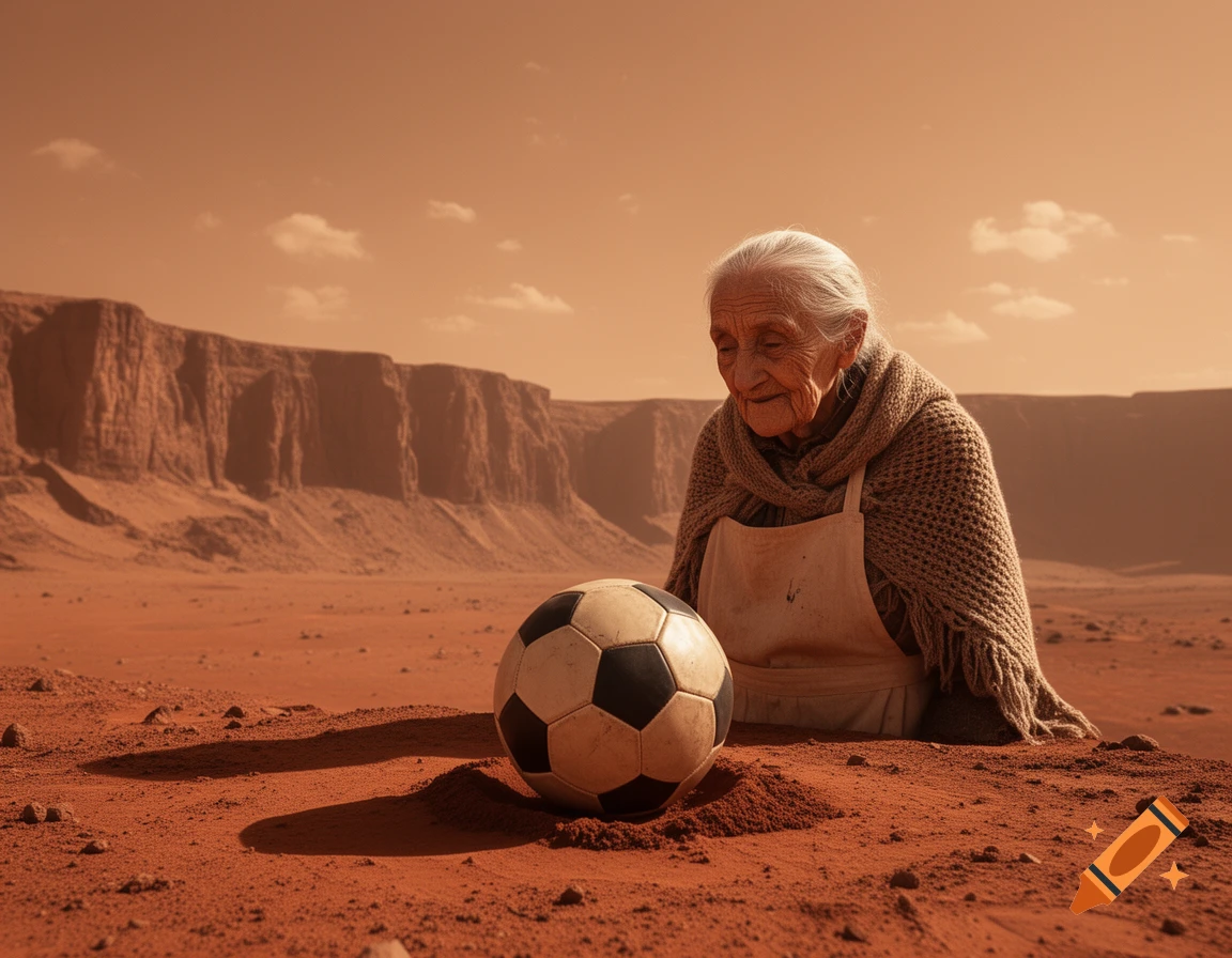 An old woman looks at a soccer ball in a red, rocky Martian desert.