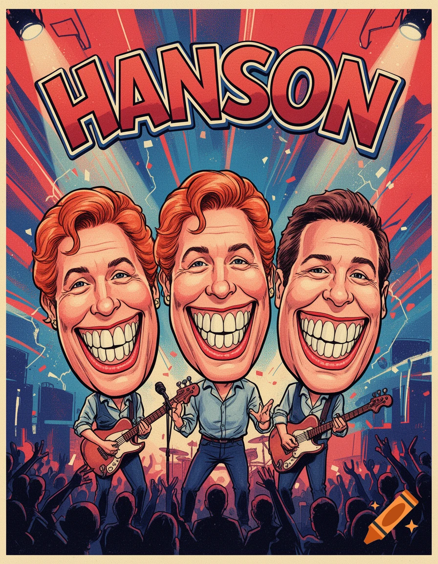 A vibrant concert poster in comic caricature style depicts three male musicians with exaggerated features, playing guitars on stage before a cheering crowd, with 'HANSON' emblazoned above.