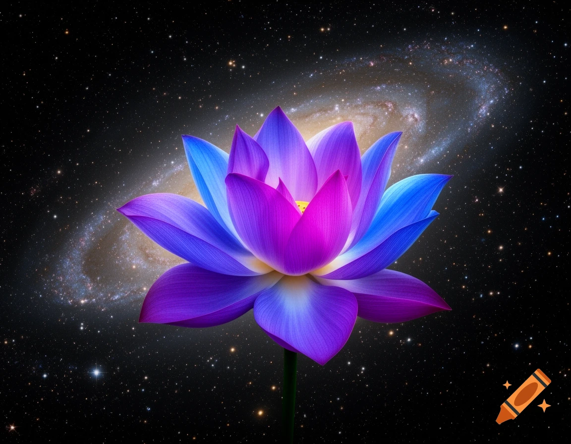 A vibrant blue, purple, and pink lotus flower with a yellow center, set against a backdrop of a starry night sky and a spiral galaxy.