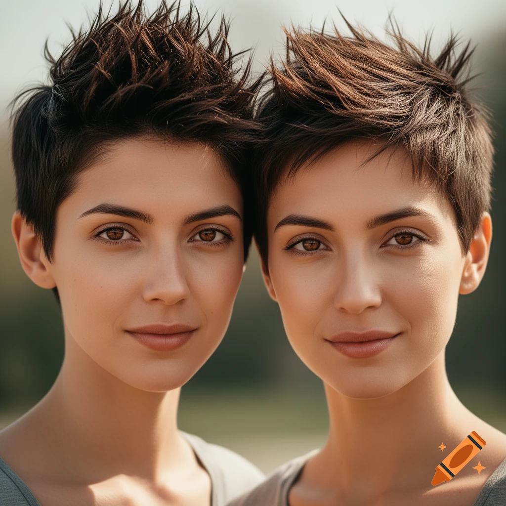 Two women with short spiky brown pixie cuts and brown eyes look directly at the viewer, smiling slightly.