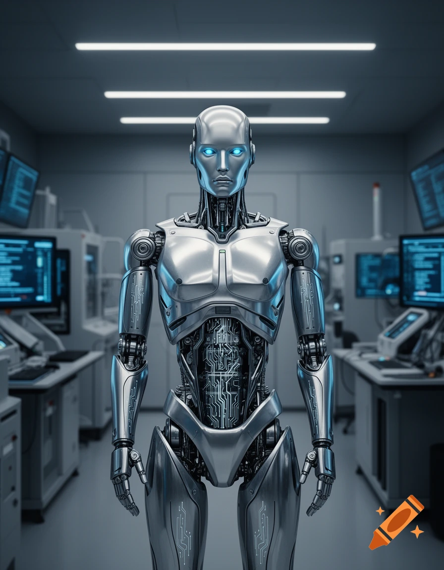 A photorealistic silver humanoid robot with glowing blue eyes stands in a futuristic laboratory filled with computer screens.