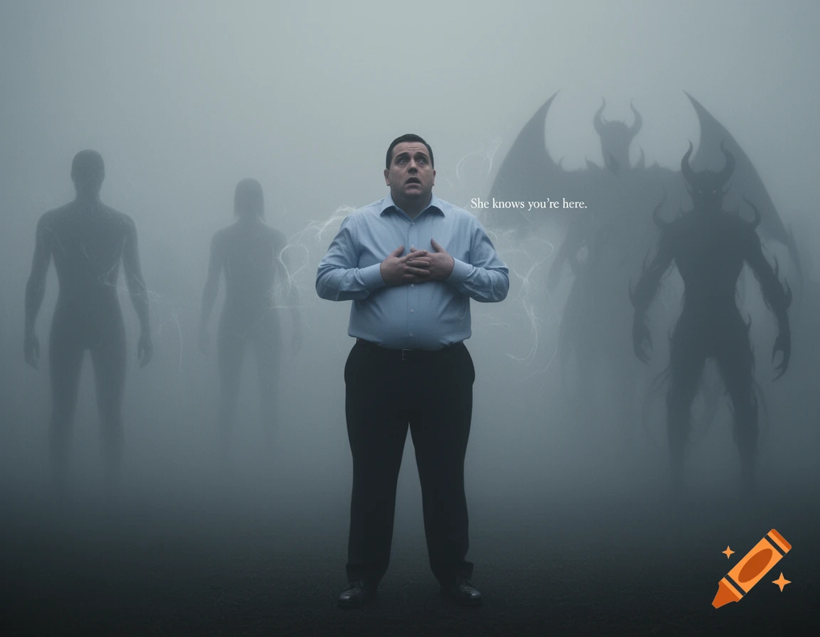 A scared man clutches his chest in a dense fog, surrounded by ghostly human silhouettes and dark, horned demonic figures with wings, with the text "She knows you're here." floating in the mist.