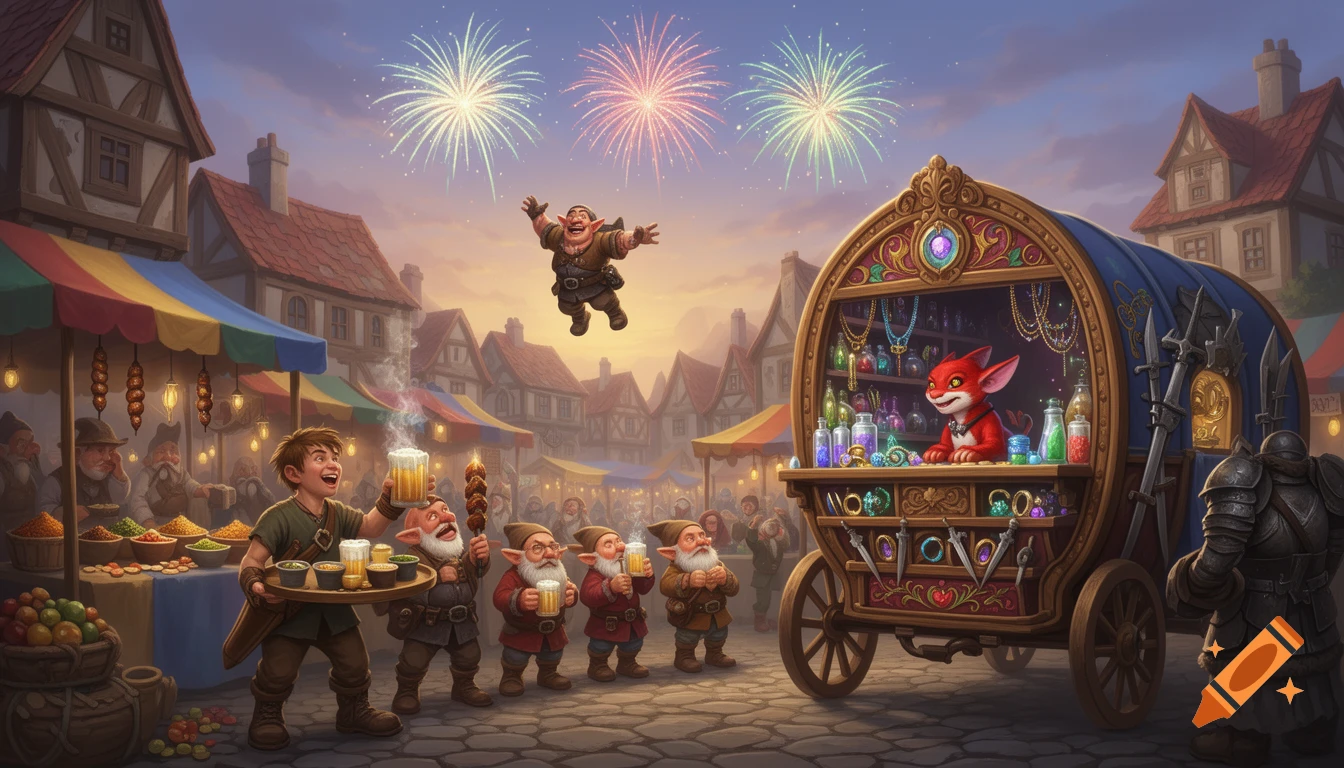 A vibrant fantasy market festival scene with vendors, gnomes, a flying dwarf, a kobold's magic wagon, and fireworks in the evening sky.