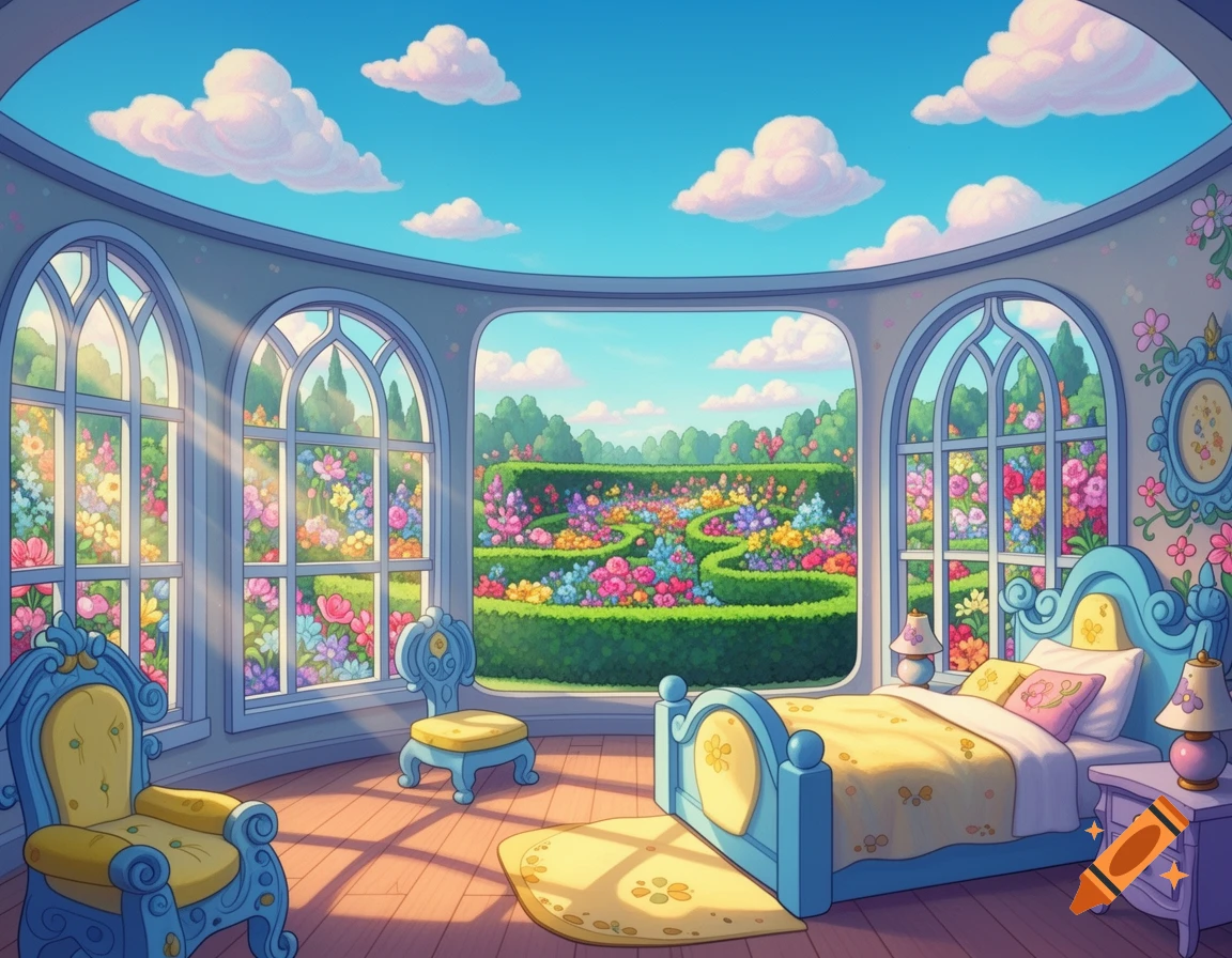 A vibrant cartoon bedroom with blue furniture and yellow bedding looks out onto a colorful, winding flower garden under a blue sky.