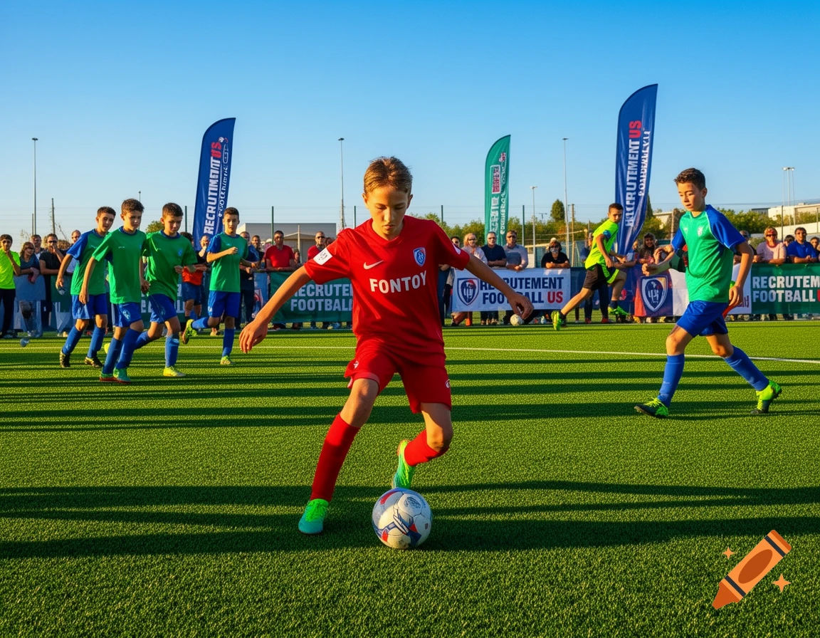 Young boys playing soccer on a green field under a clear sky, with banners in the background.