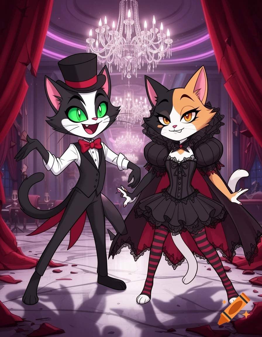 Two anthropomorphic cats in formal gothic attire pose in a grand hall with chandeliers.