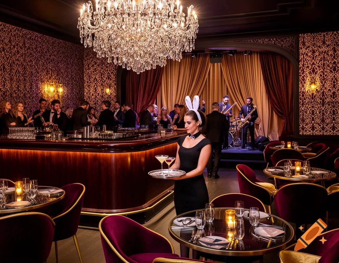A luxurious club interior with a waitress in bunny ears holding drinks, a bar with patrons, and a live band playing on stage.