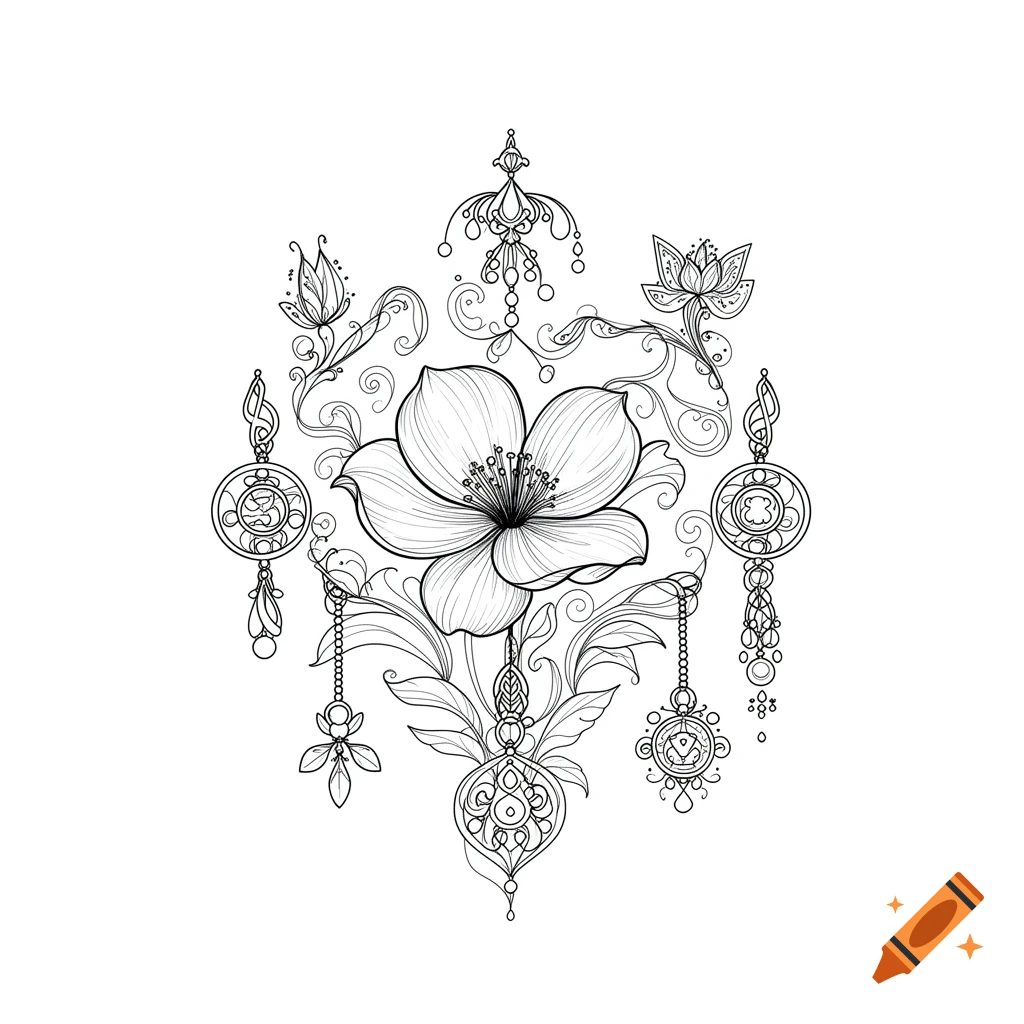 Black and white line art drawing of a detailed flower surrounded by intricate spiritual charms and ornamental patterns.