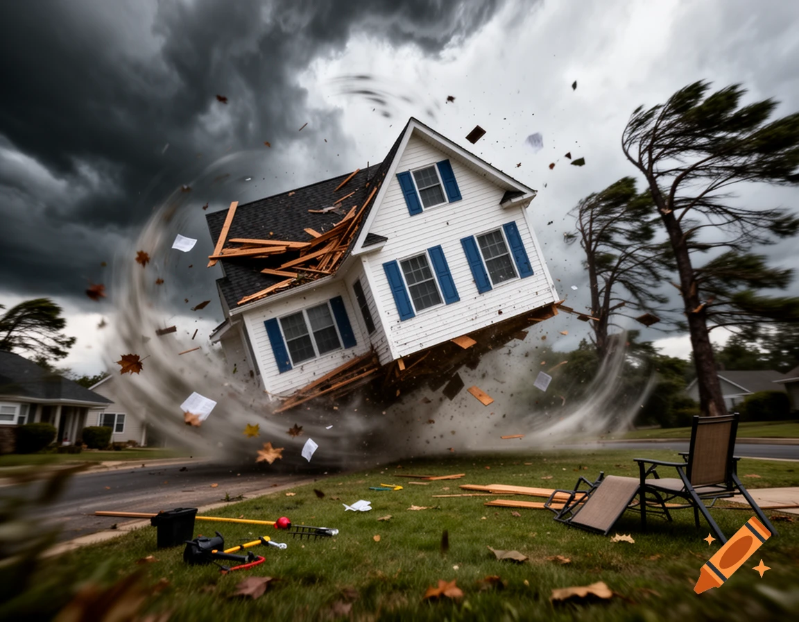 A photorealistic image of a white house being lifted and destroyed by a powerful tornado under a dark, stormy sky.