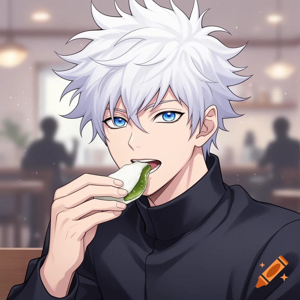 Close-up of a white-haired anime character with blue eyes eating a green mochi.