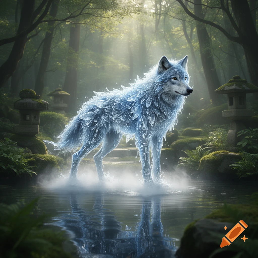 A majestic ice wolf stands in a misty pool in a sunlit Japanese forest with stone lanterns.