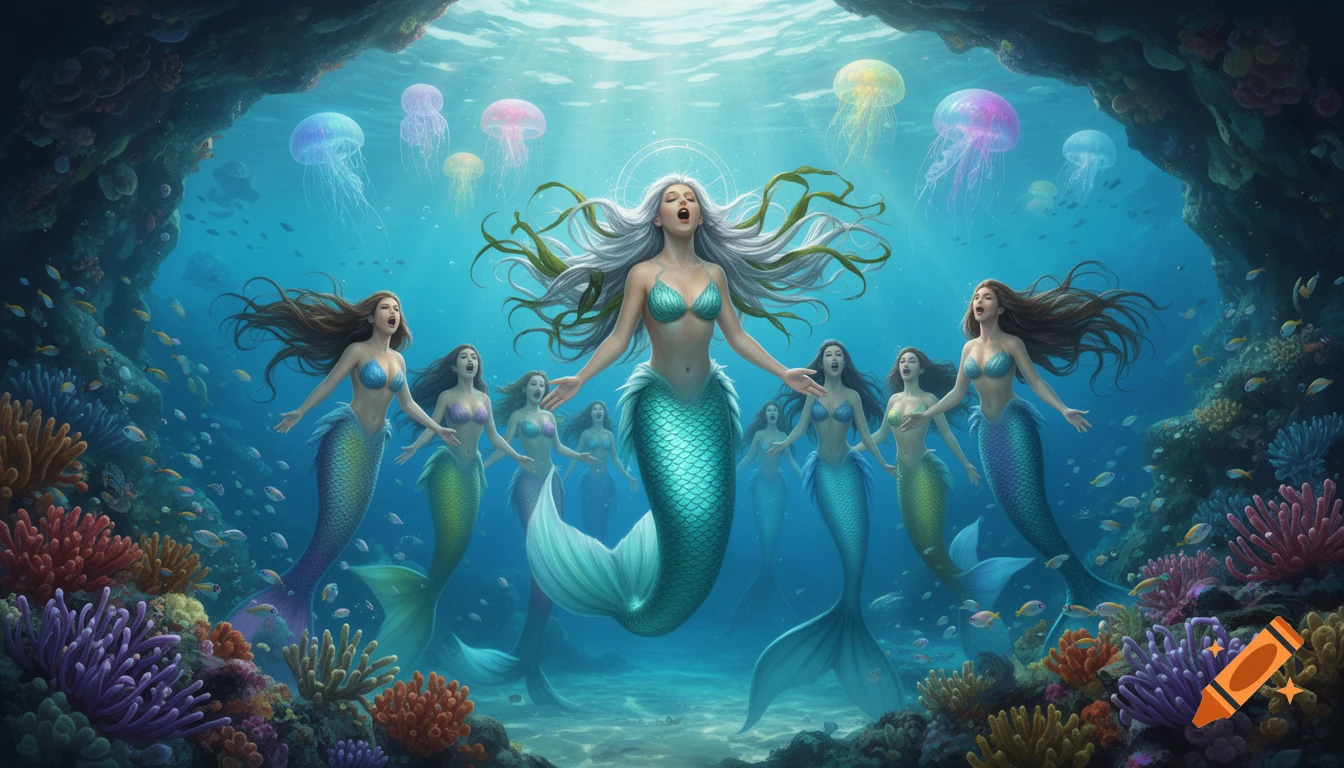 A group of mermaids with colorful tails and flowing hair sing underwater among coral, fish, and glowing jellyfish.