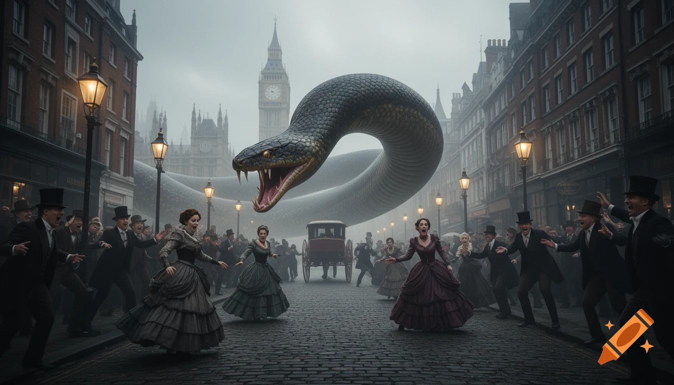 A giant snake looms over a panicked crowd fleeing a foggy Victorian London street with Big Ben in the background.