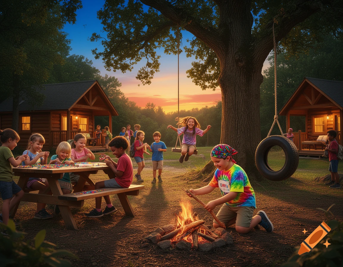 Photorealistic image of children at a campsite during sunset. Kids are playing, making crafts at a picnic table, and starting a campfire. Two cabins are visible in the background.