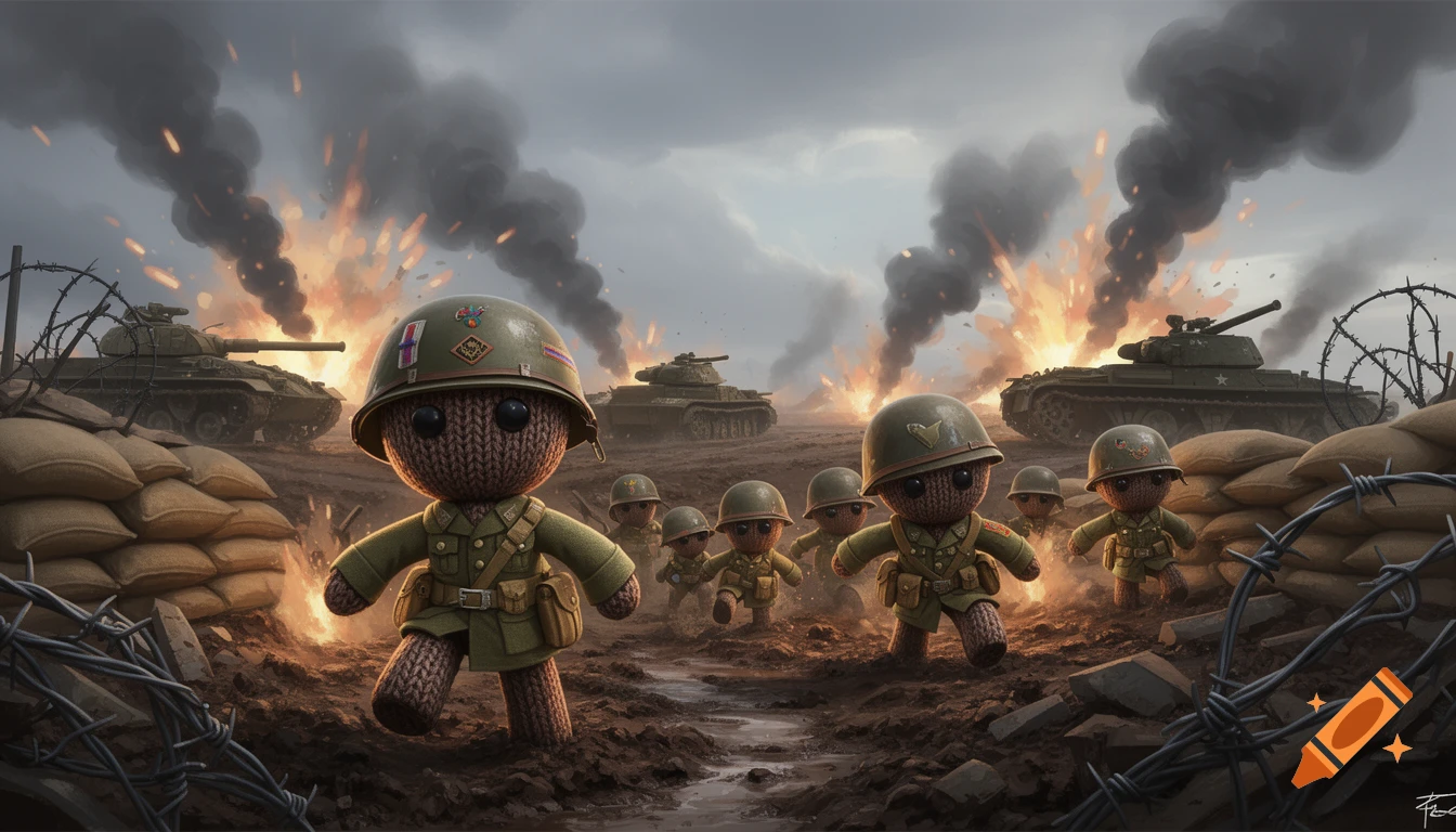 LittleBigPlanet sack people soldiers advance through a fiery, war-torn landscape with tanks.