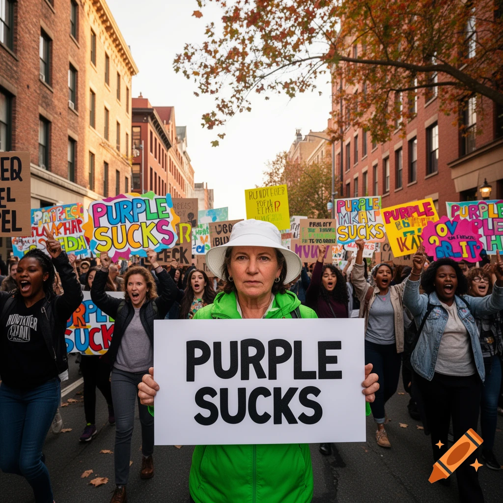 A woman in a white hat and green jacket holds a "PURPLE SUCKS" sign, leading a vibrant protest with other people down a city street.