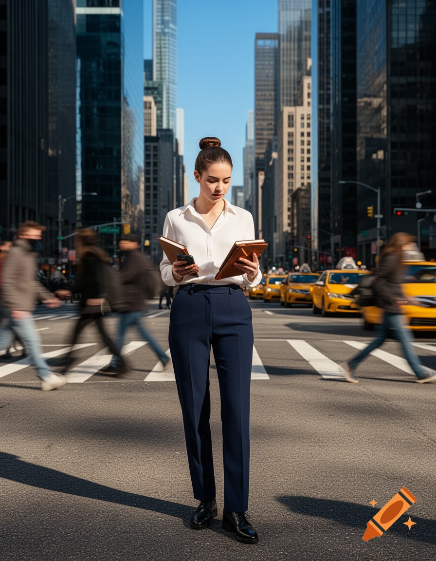 A young businesswoman stands in a bustling city street, looking at her phone and a notebook, with tall buildings and yellow taxis in the background.