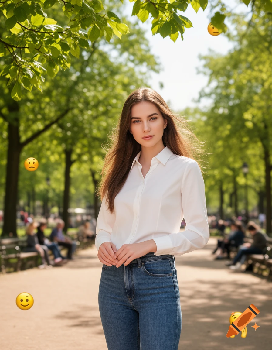 A young woman in a white shirt and jeans stands smiling in a sunlit park, with several emojis floating around her.