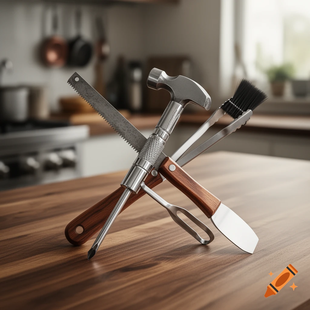 A photorealistic image of an impossible multi-tool combining a hammer, saw, screwdriver, grill brush, tongs, and spatula, on a wooden kitchen counter.