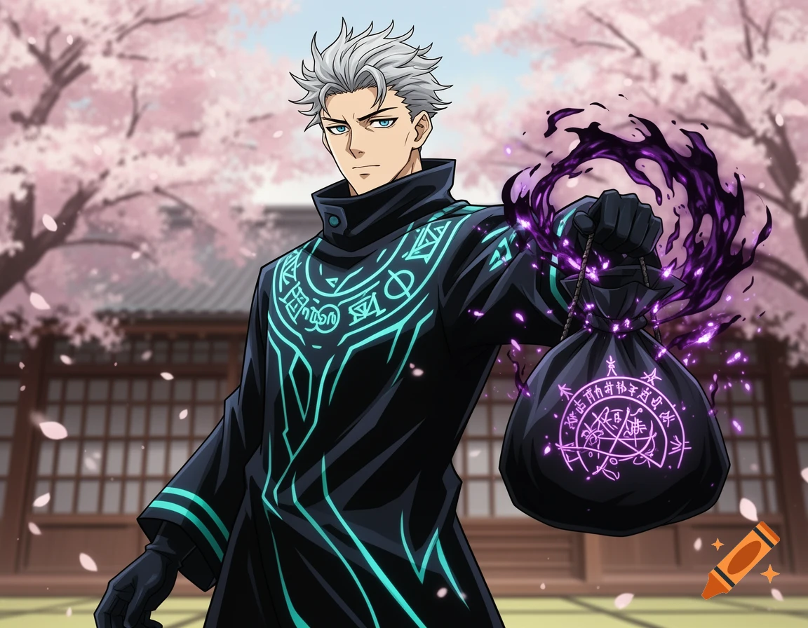 An anime male character with white hair and blue eyes, in a black coat with glowing teal symbols, holding a magical black bag with purple symbols under cherry blossoms.