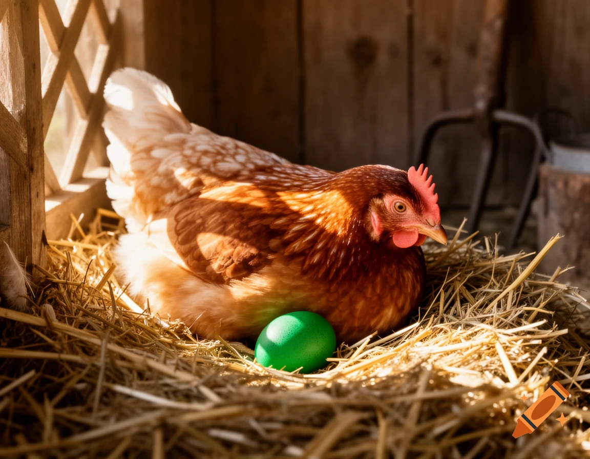 A brown chicken sits on a nest of hay with a bright green egg in a sunlit wooden coop, photorealistic.