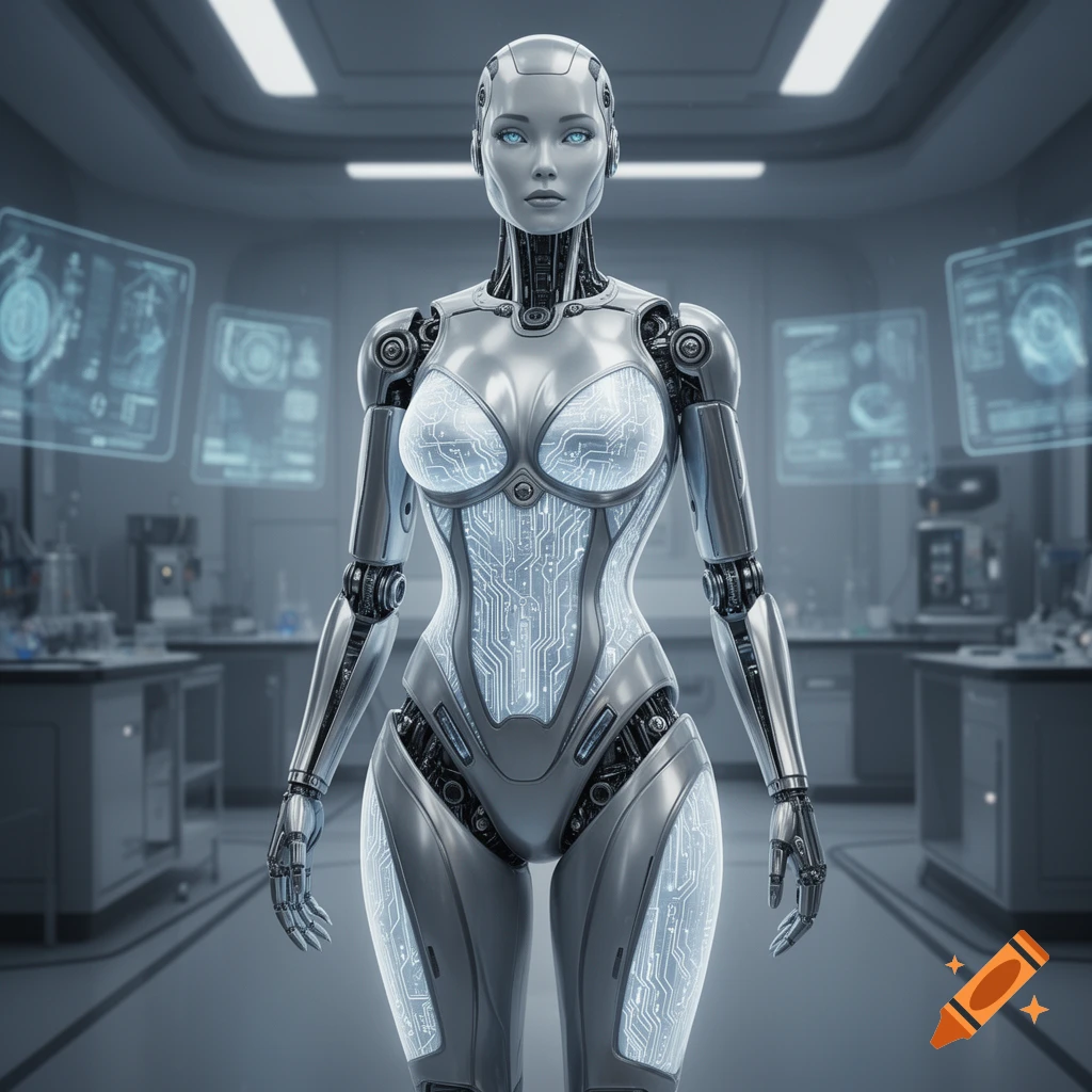 A silver female robot with glowing blue circuit patterns stands in a futuristic laboratory with holographic screens.