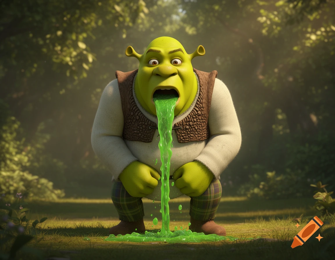 Shrek, the green ogre, squatting and vomiting green liquid onto the forest floor.