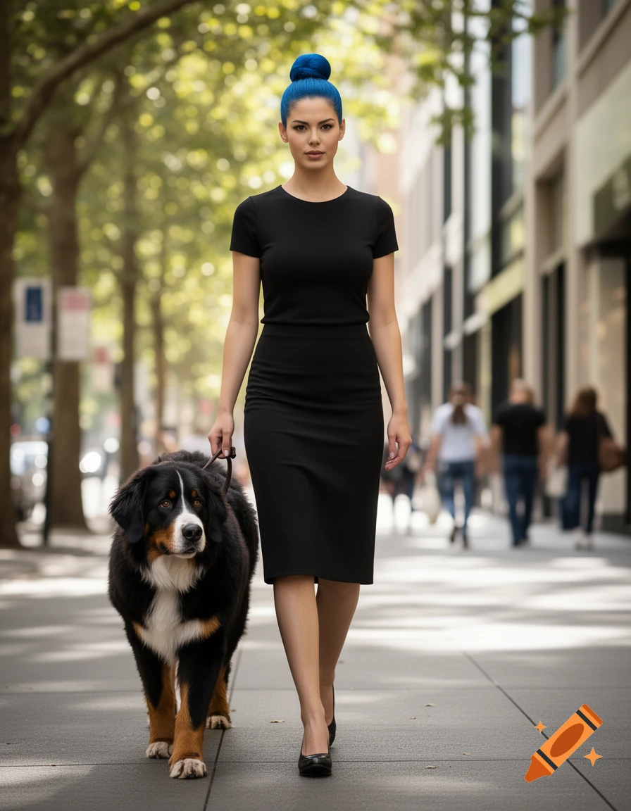 A woman with blue hair in a black dress walks a Bernese Mountain Dog on a leash down a city sidewalk. Photorealistic style.