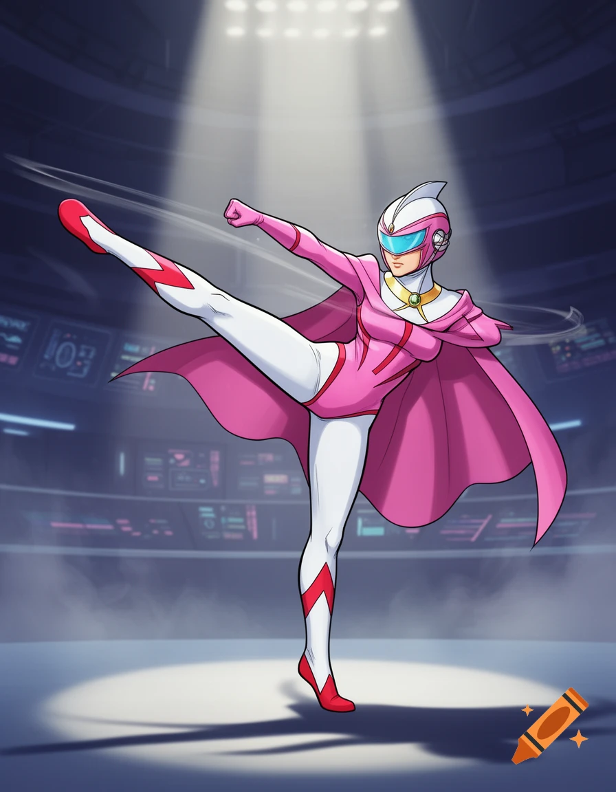 An anime-style female character in a pink and white superhero suit and cape performs a high kick in a stadium spotlight.