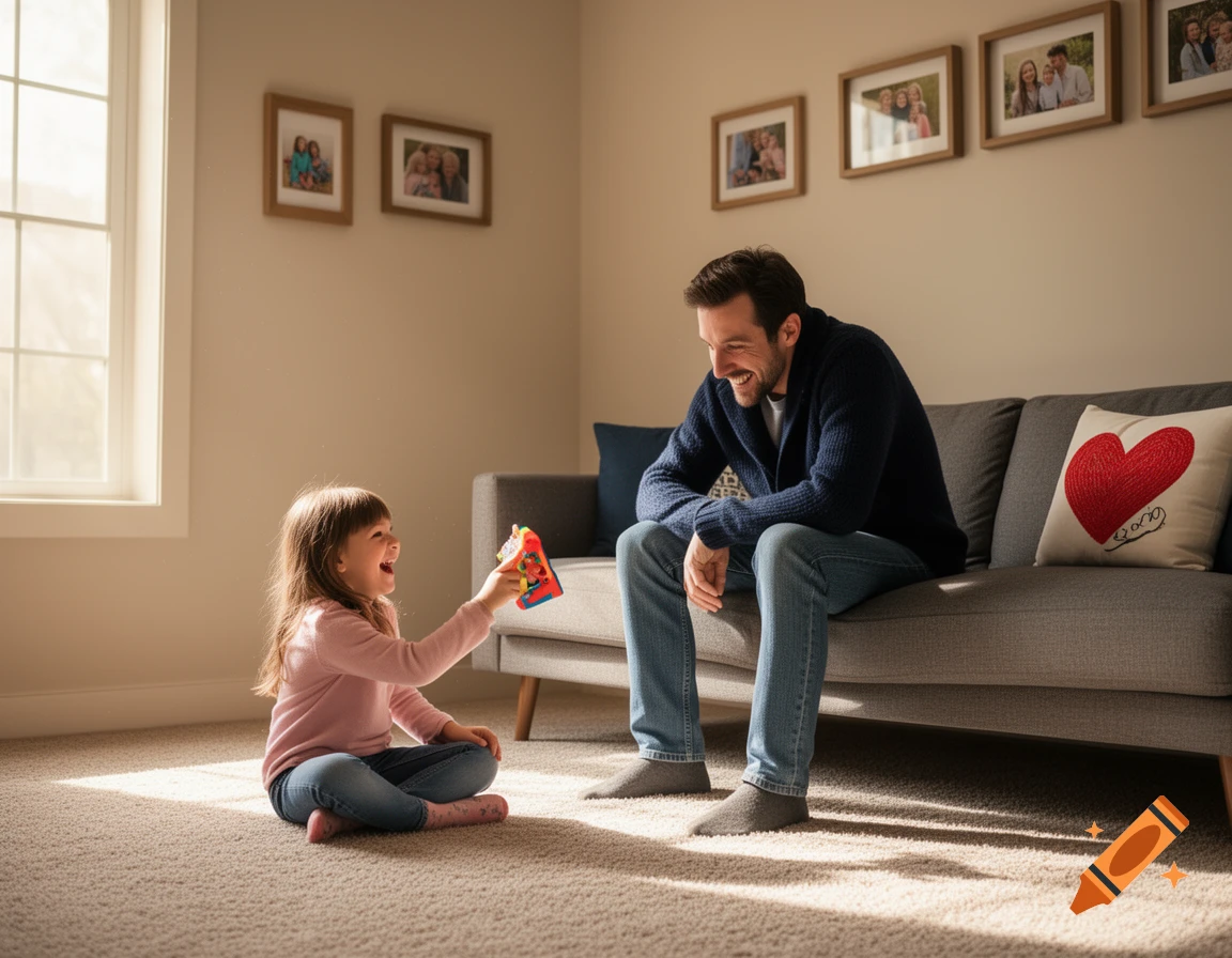 A happy father and daughter playing with a toy in a sunlit living room.