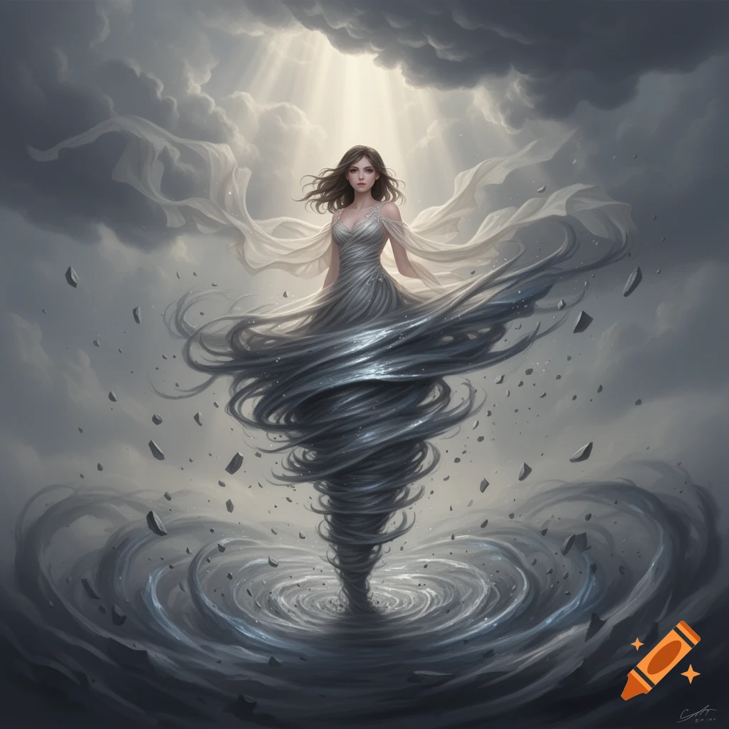 A woman with her lower body transforming into a powerful tornado, surrounded by dark storm clouds and shafts of light.