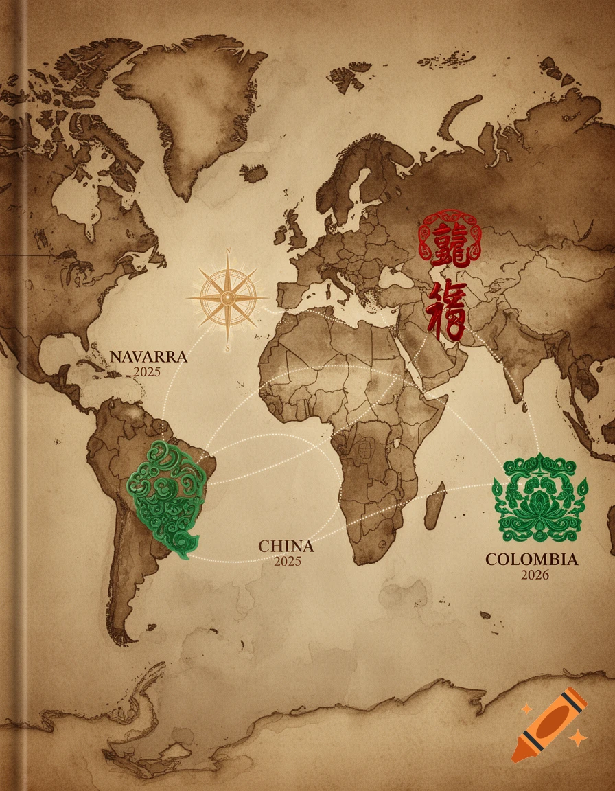 An old world map with a vintage parchment texture showing Navarra, China, and Colombia connected by dotted lines, along with dates and decorative elements.