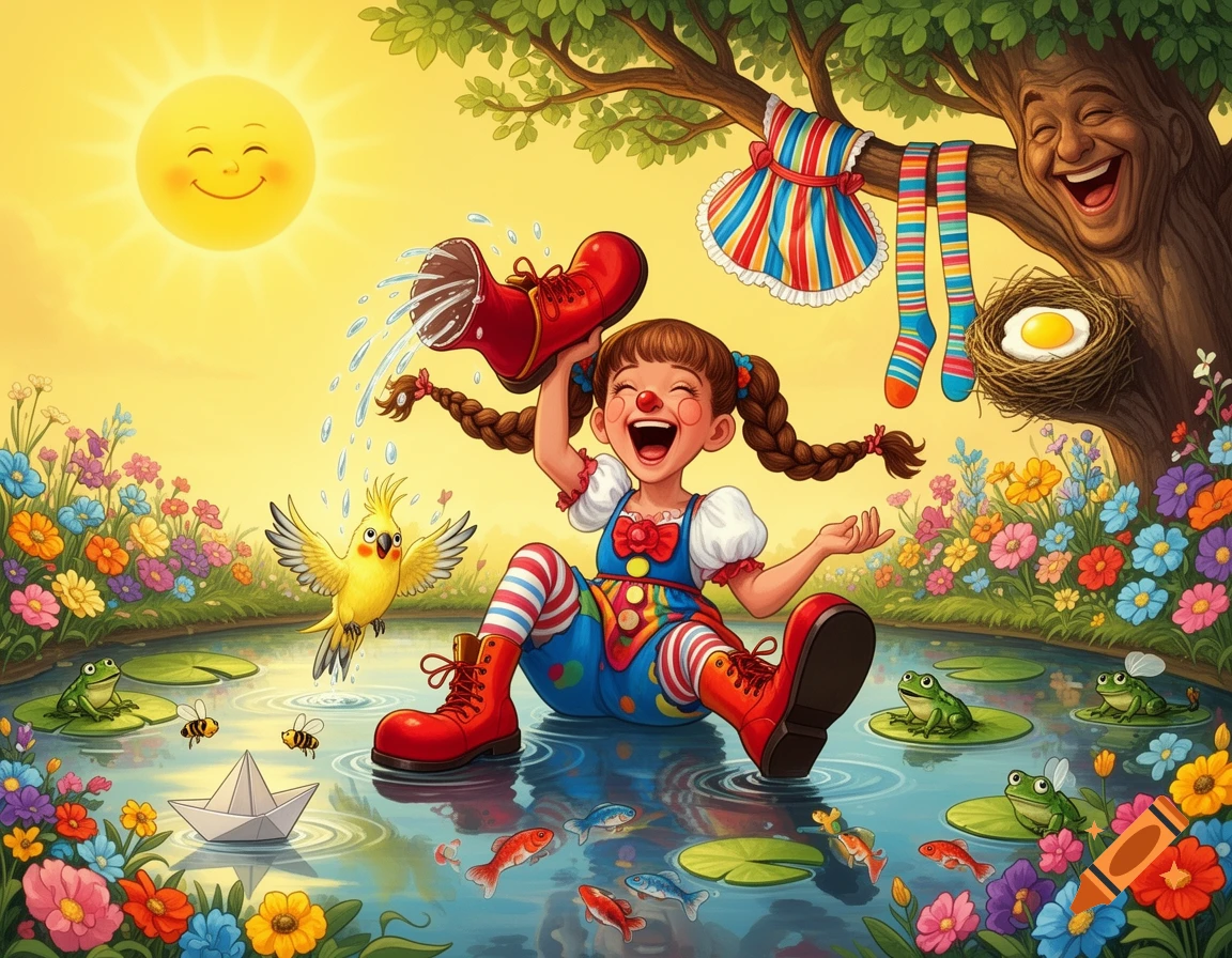 A cartoon clown girl splashes water from a red boot in a pond with frogs and fish. A laughing tree, a smiling sun, and vibrant flowers complete the joyful scene.