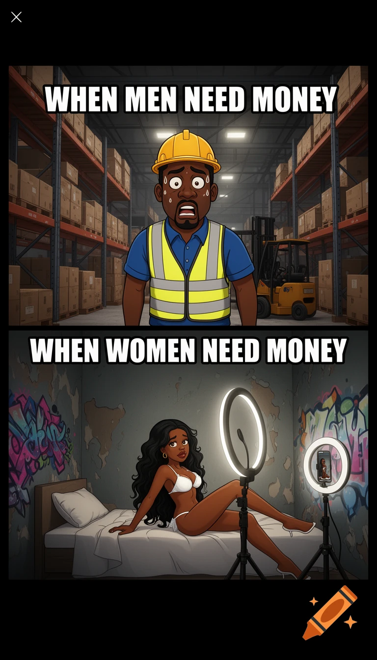 A two-panel cartoon meme. Top panel: a stressed Black man in a hard hat in a warehouse with text 'When men need money'. Bottom panel: a confident Black woman in white lingerie posing with ring lights in a room with text 'When women need money'.
