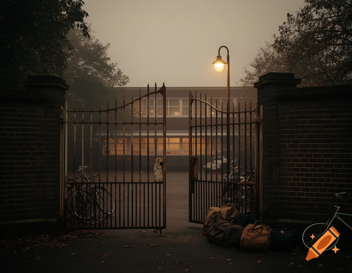 A photorealistic image of an old, rusty iron gate leading to a foggy schoolyard at dusk, with a glowing street lamp, bicycles, and bags.
