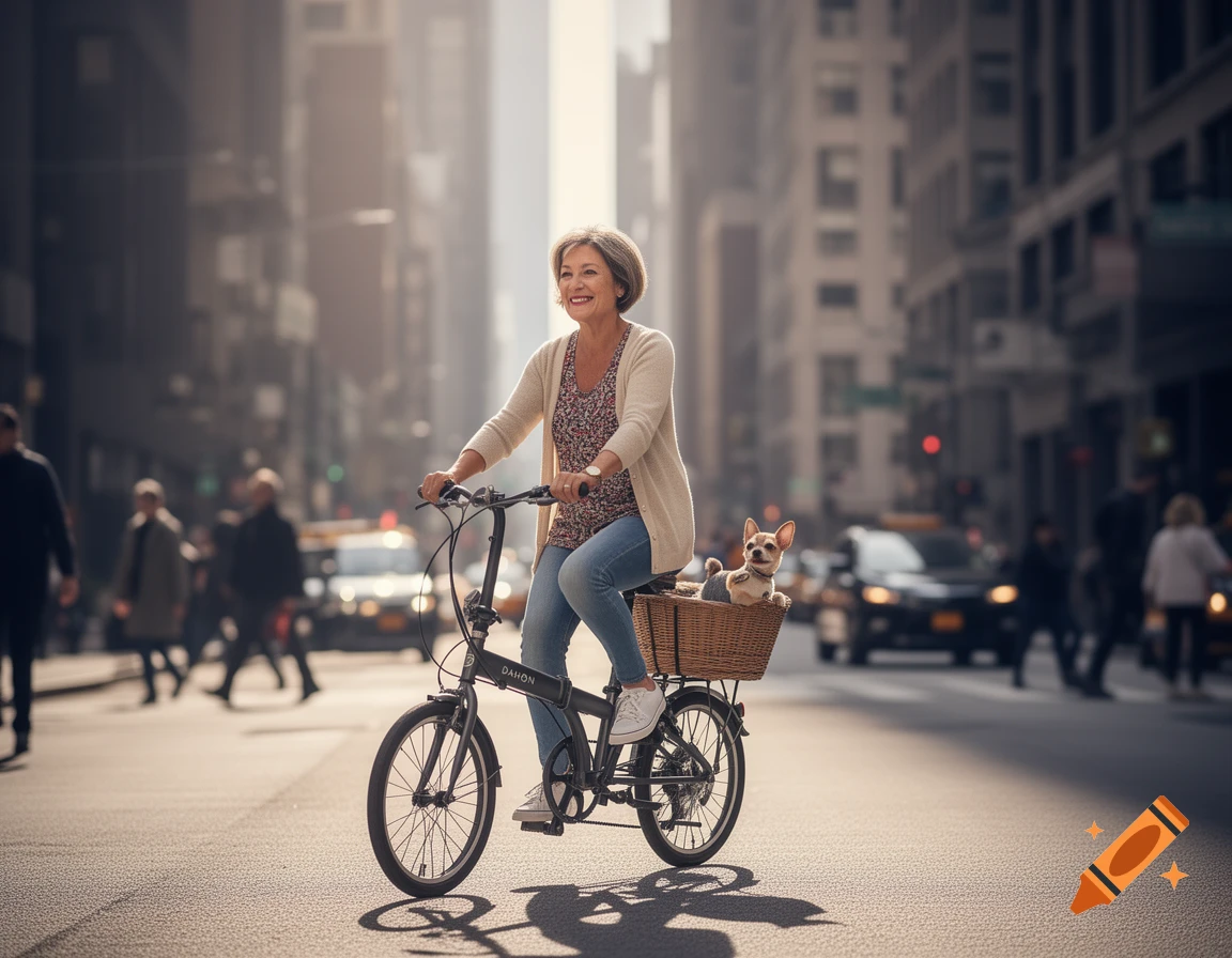 Smiling elderly woman cycling a folding bike with a small dog in a front basket on a sunny city street.