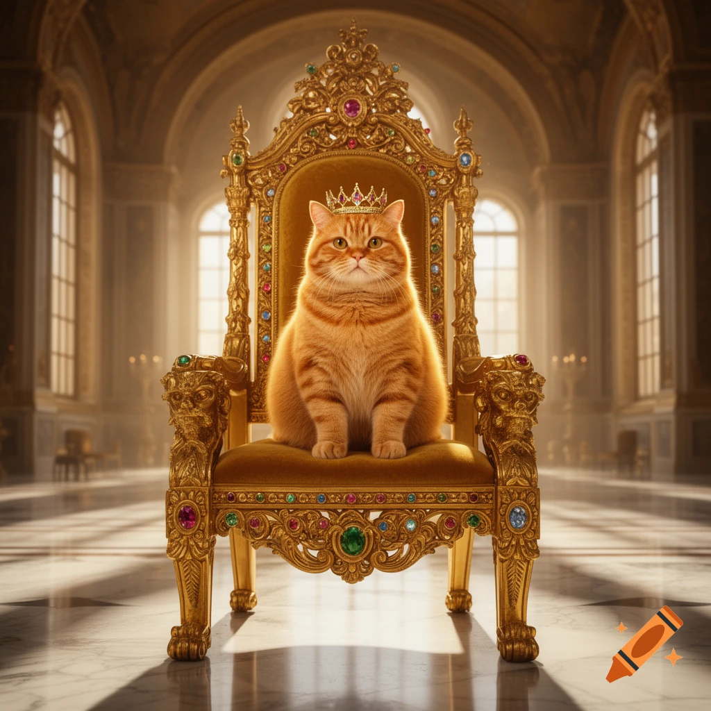 A chonky orange cat wearing a golden crown sits majestically on an ornate golden throne in a grand, sunlit hall.