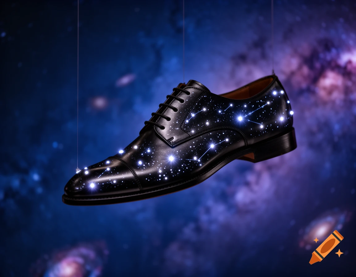 A black dress shoe with glowing white stars and constellations floats against a deep blue galaxy background.