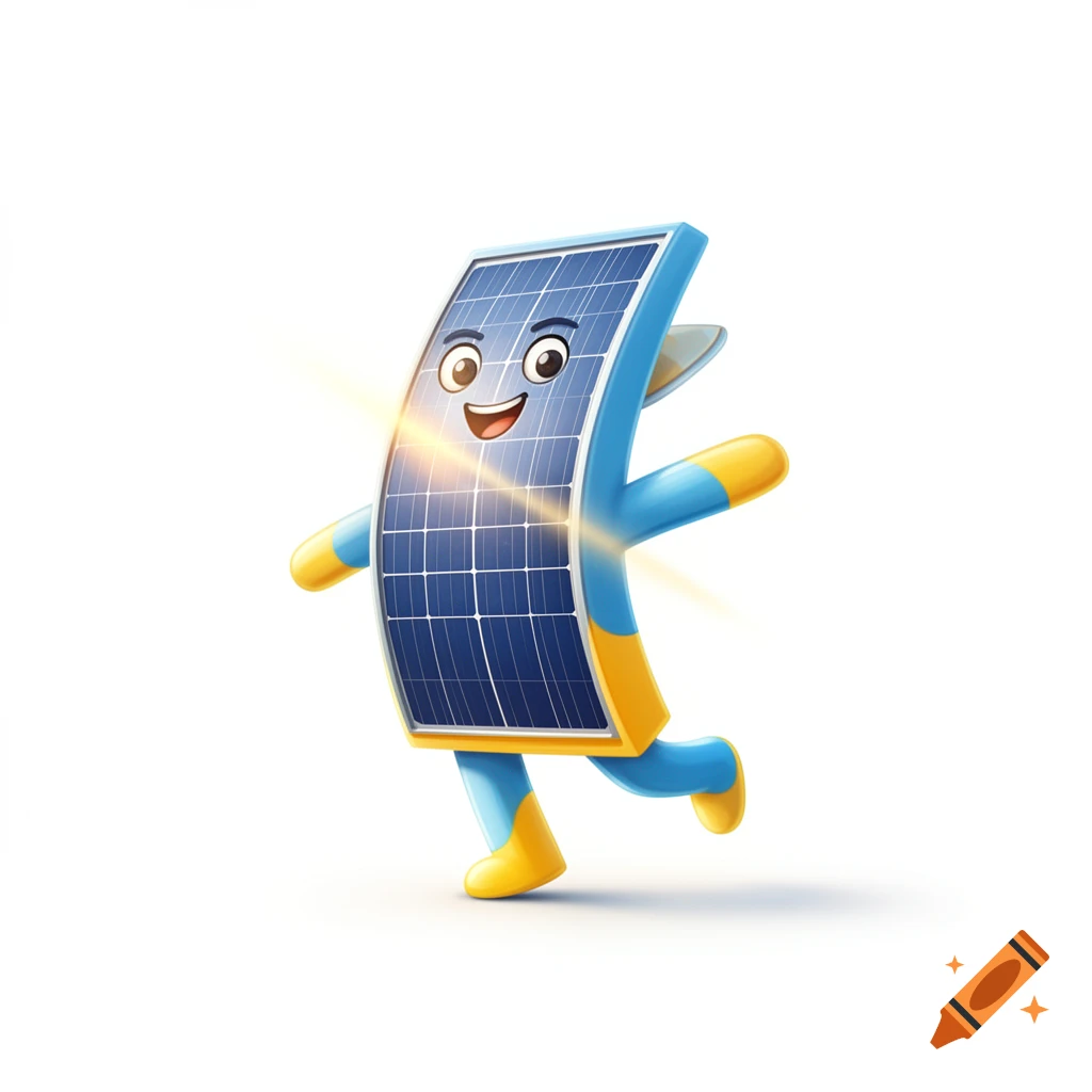 A happy, smiling cartoon solar panel character with blue and yellow limbs, running or skipping, on a white background.