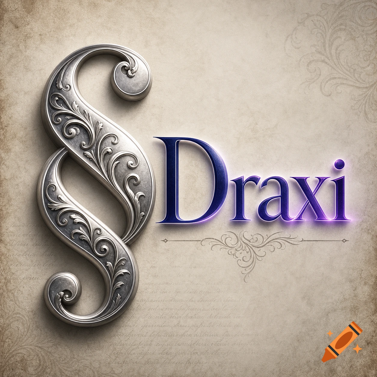 A stylized silver paragraph symbol with intricate patterns next to the glowing blue and purple word "Draxi" on a textured beige background.
