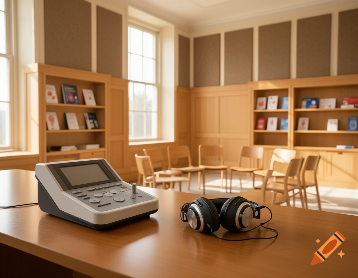 Photorealistic image of an audiometer and headphones on a wooden table in a formal room with bookshelves and chairs.