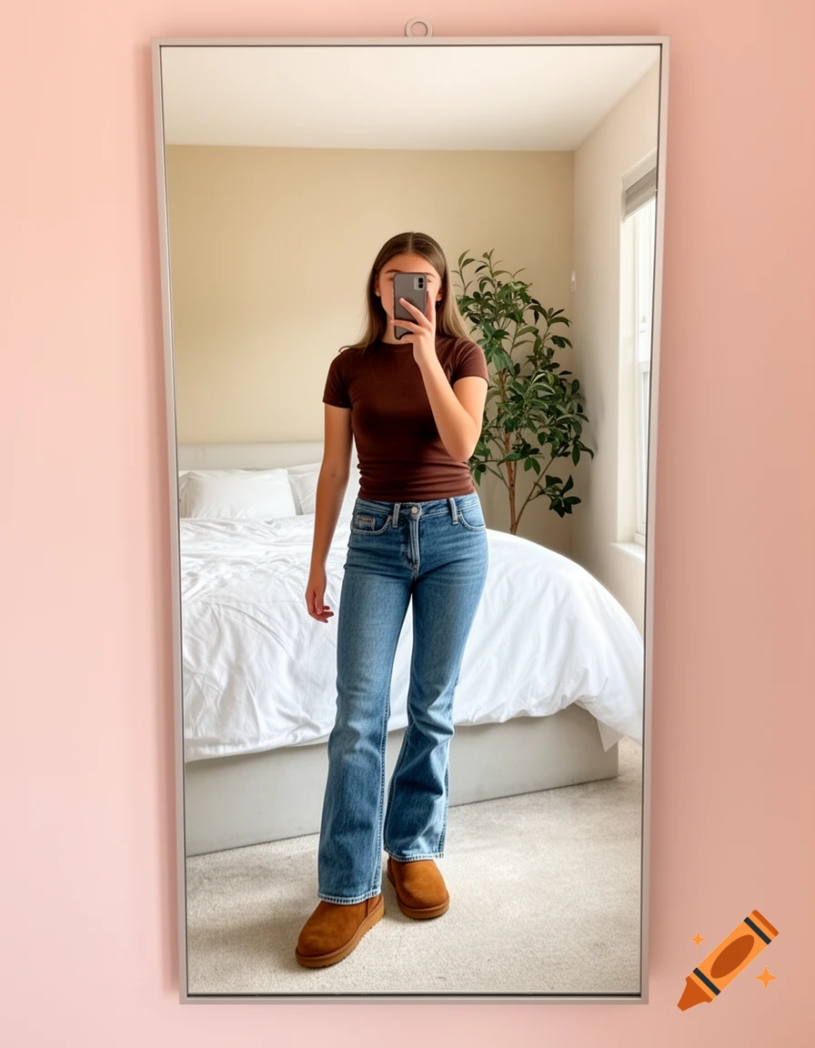 A young woman takes a mirror selfie in her bedroom, wearing a brown baby tee, blue flared jeans, and chestnut brown Uggs.