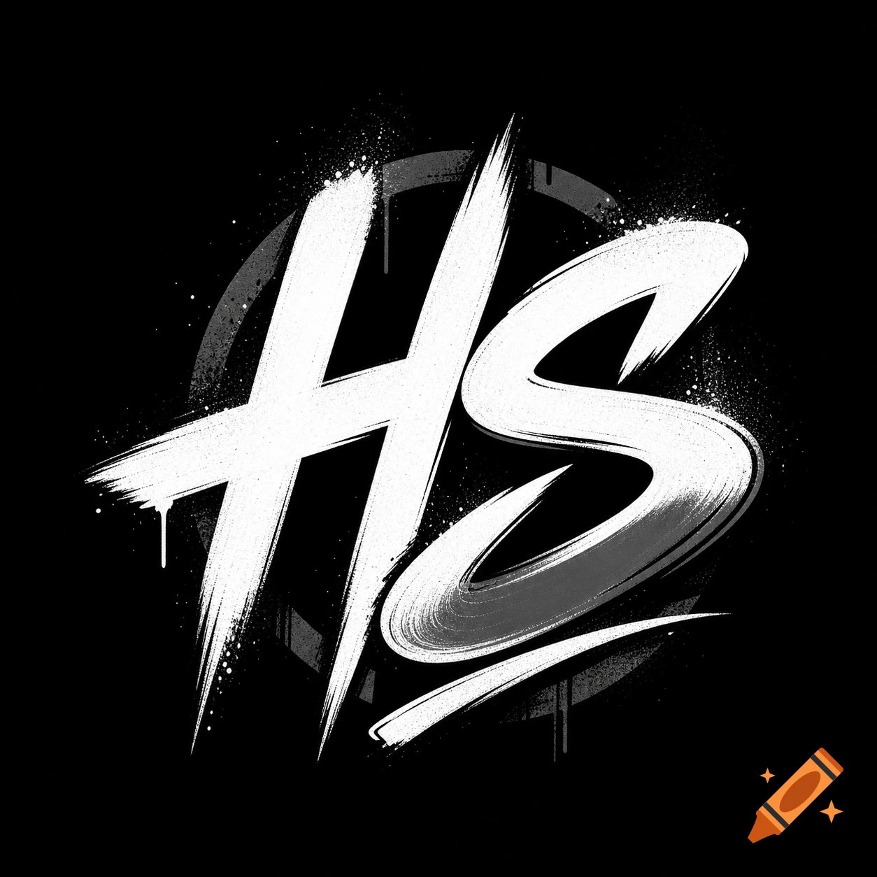 White brush stroke graffiti-style letters 'HS' with spray paint splatters and drips on a dark background.