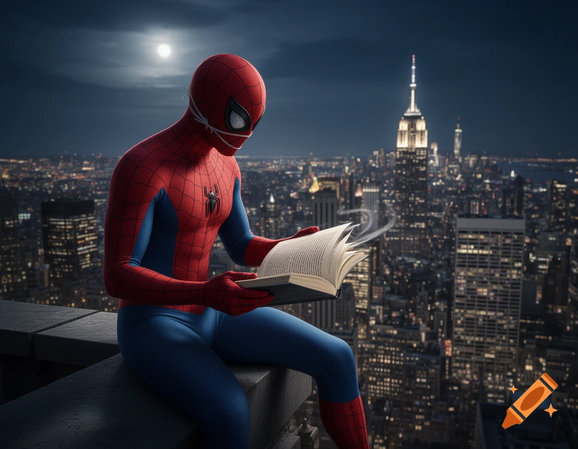 Photorealistic Spider-Man in red and blue suit sits on a skyscraper ledge, engrossed in a book, overlooking a bustling city at night under a full moon.