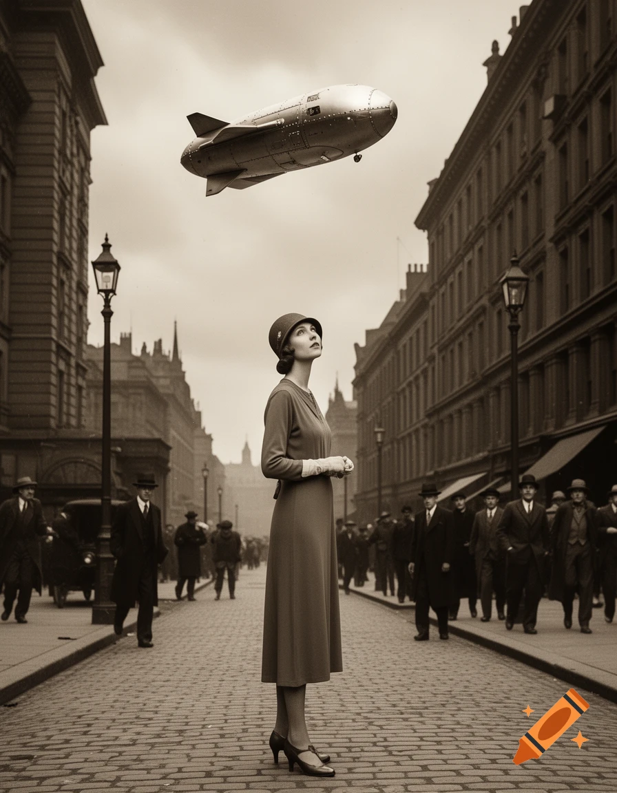 Sepia-toned photo of a woman in 1920s attire looking up at a small blimp-like spacecraft over a cobblestone street with people and buildings.